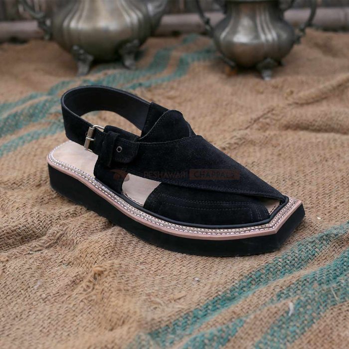 Handmade Black Suede Kaptaan Leather Chappal With Light Weight