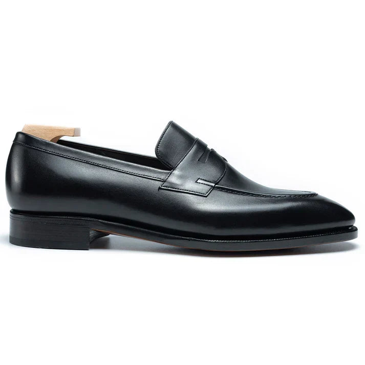 Men’s Black Leather Penny Loafers with Leather Sole
