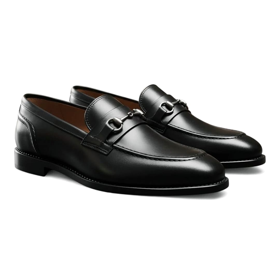 Men’s Black Leather Horsebit Loafers with Leather Sole