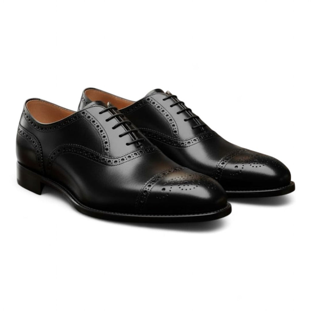 Black Cow Leather Brogue Oxford Shoes with Leather Sole