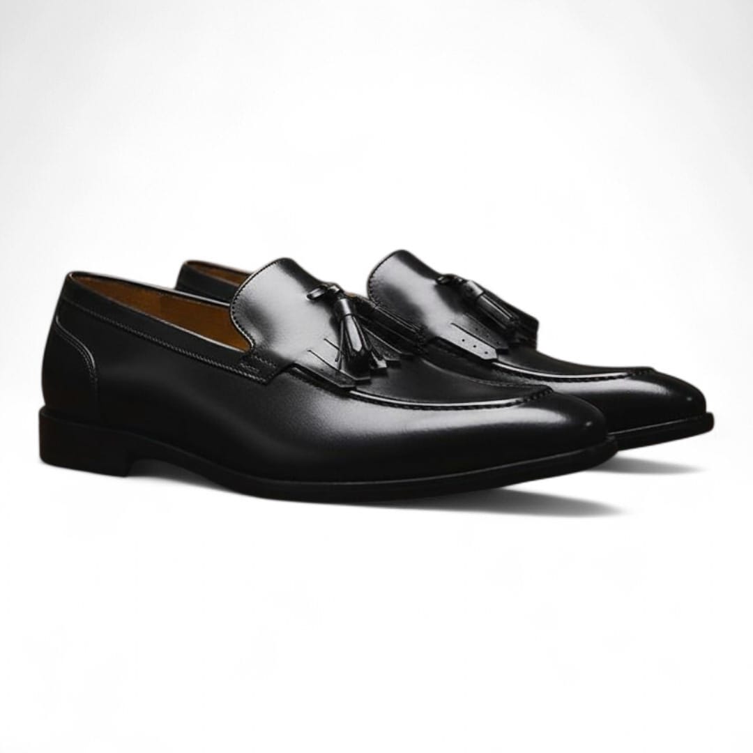 Men’s Black Leather Penny Loafers with Leather Sole