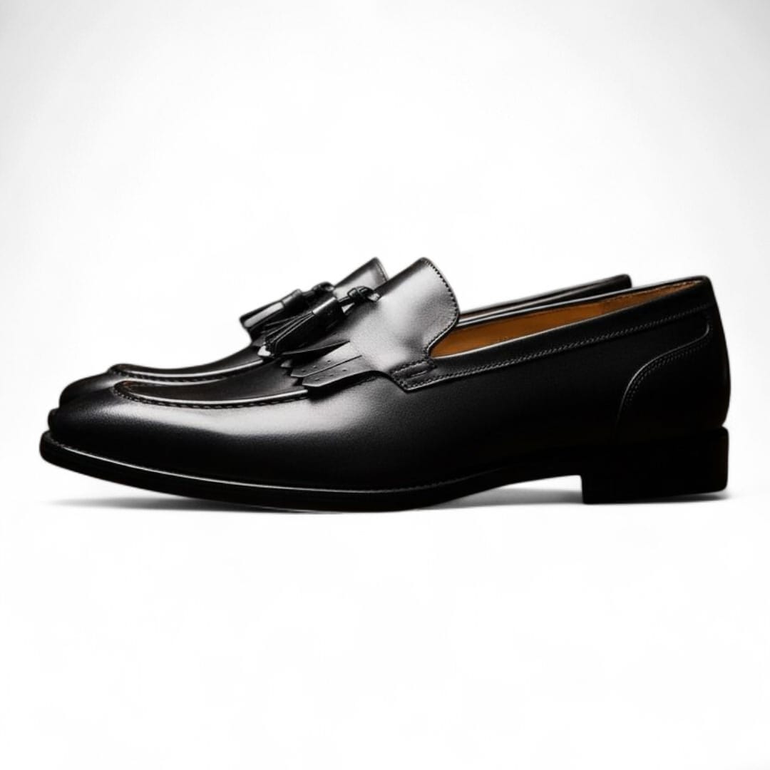 Men’s Black Leather Penny Loafers with Leather Sole