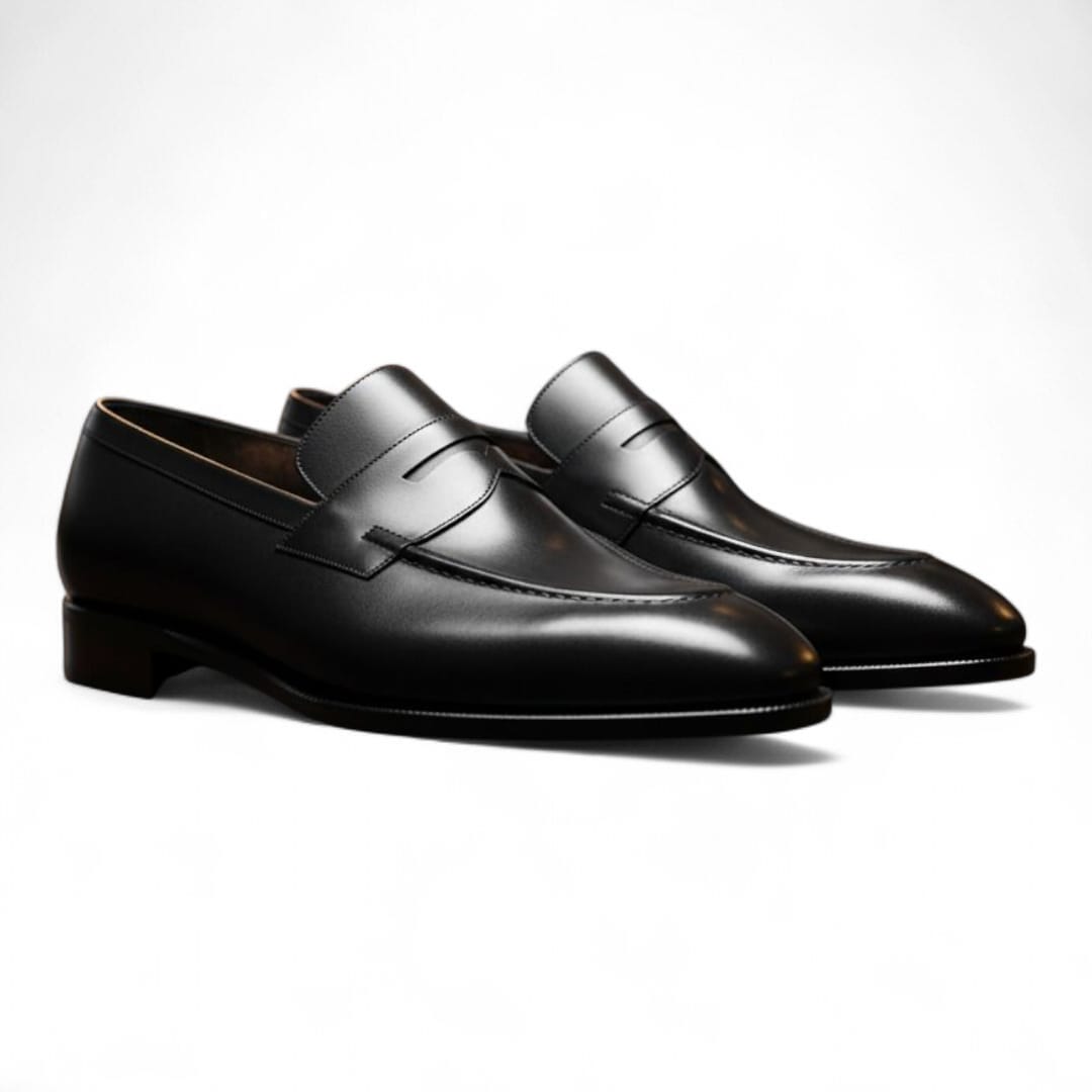 Men’s Black Leather Penny Loafers with Leather Sole