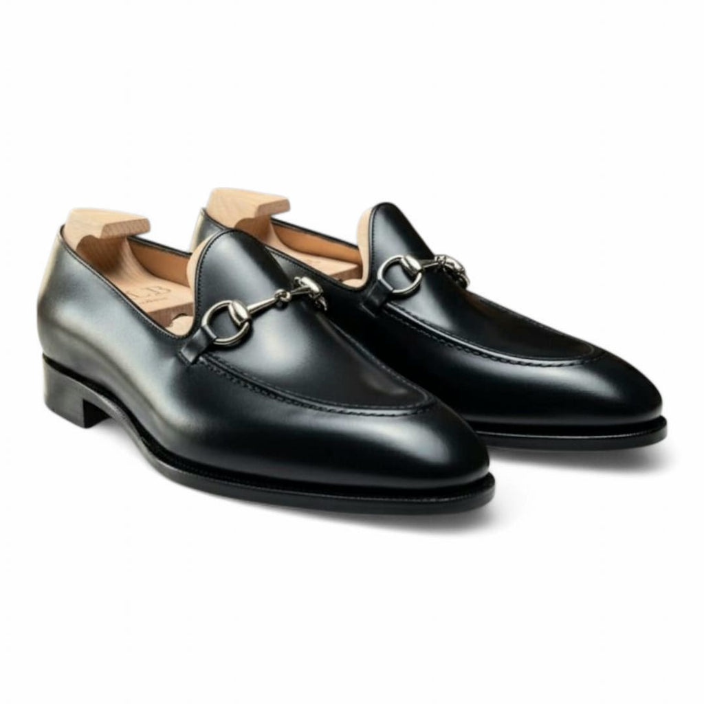 Black Leather Horsebit Loafers with Leather Sole
