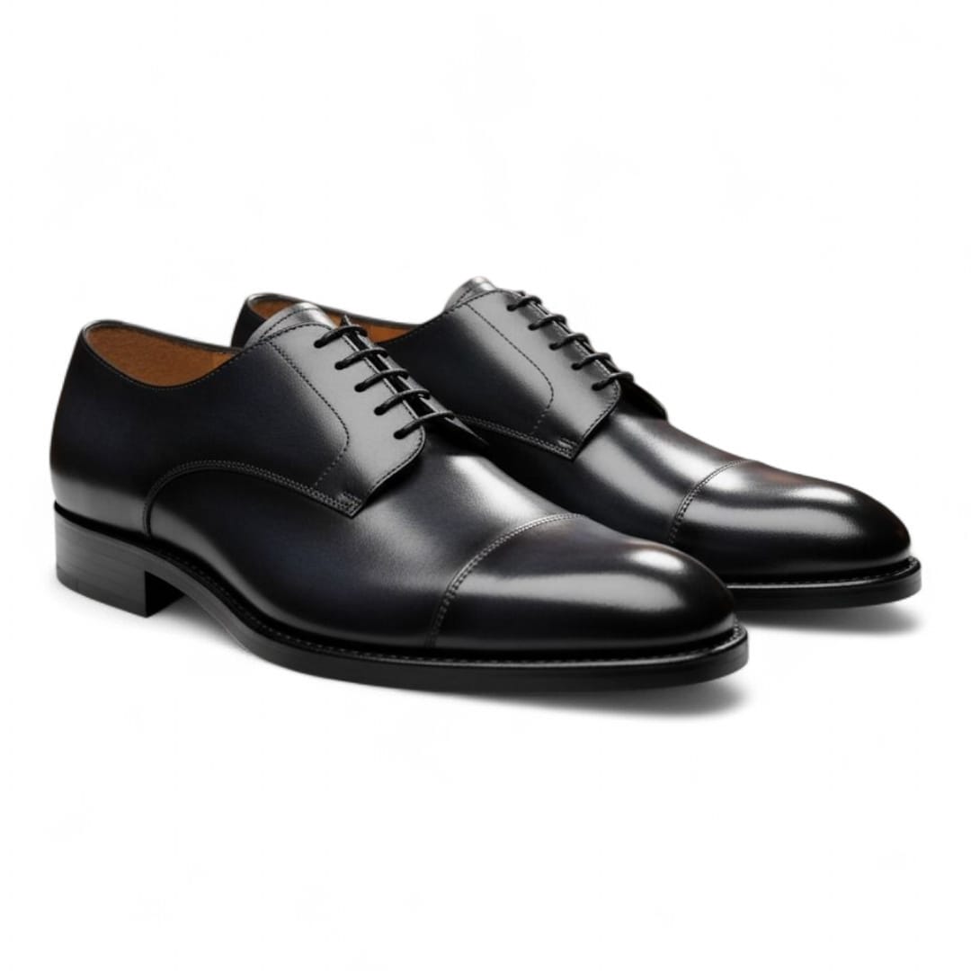 Black Toe Cap Derby Leather Shoes with Leather Sole