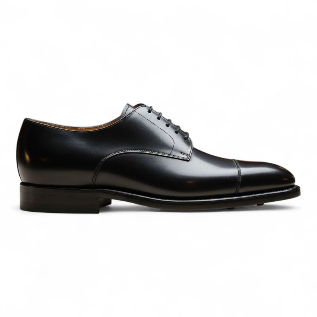 Black Toe Cap Derby Leather Shoes with Leather Sole