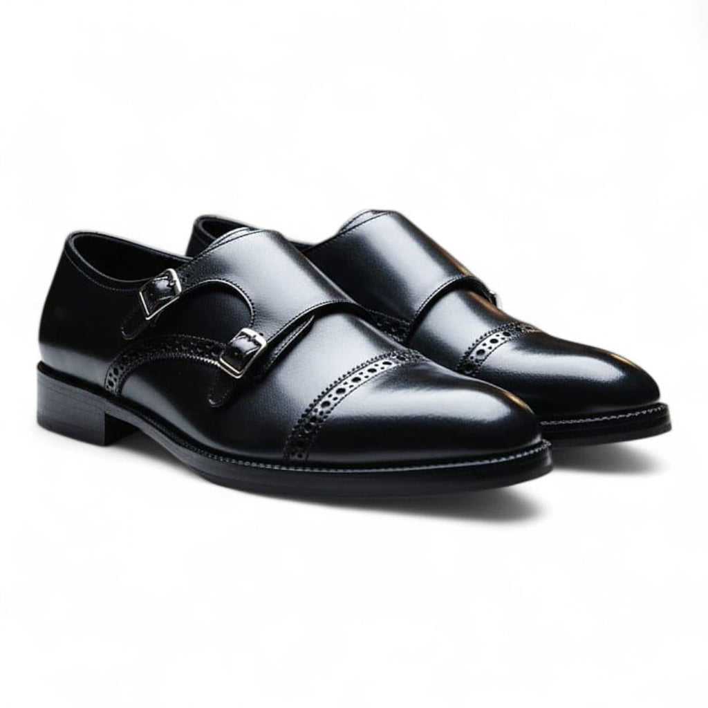 Boston Double Monk Strap Shoes | Black Handmade Leather Elegance