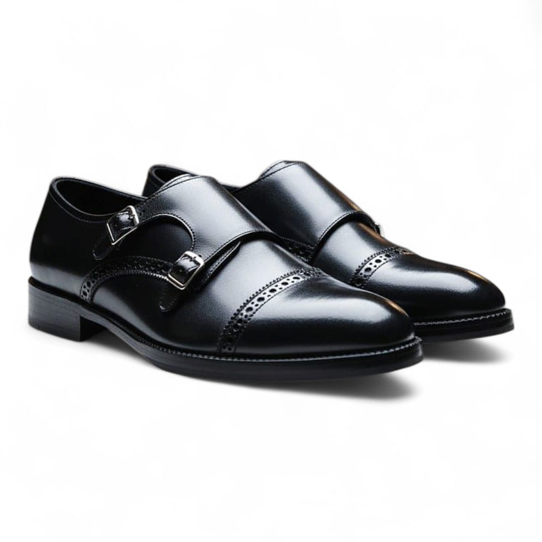 Boston Double Monk Strap Shoes | Black Handmade Leather Elegance