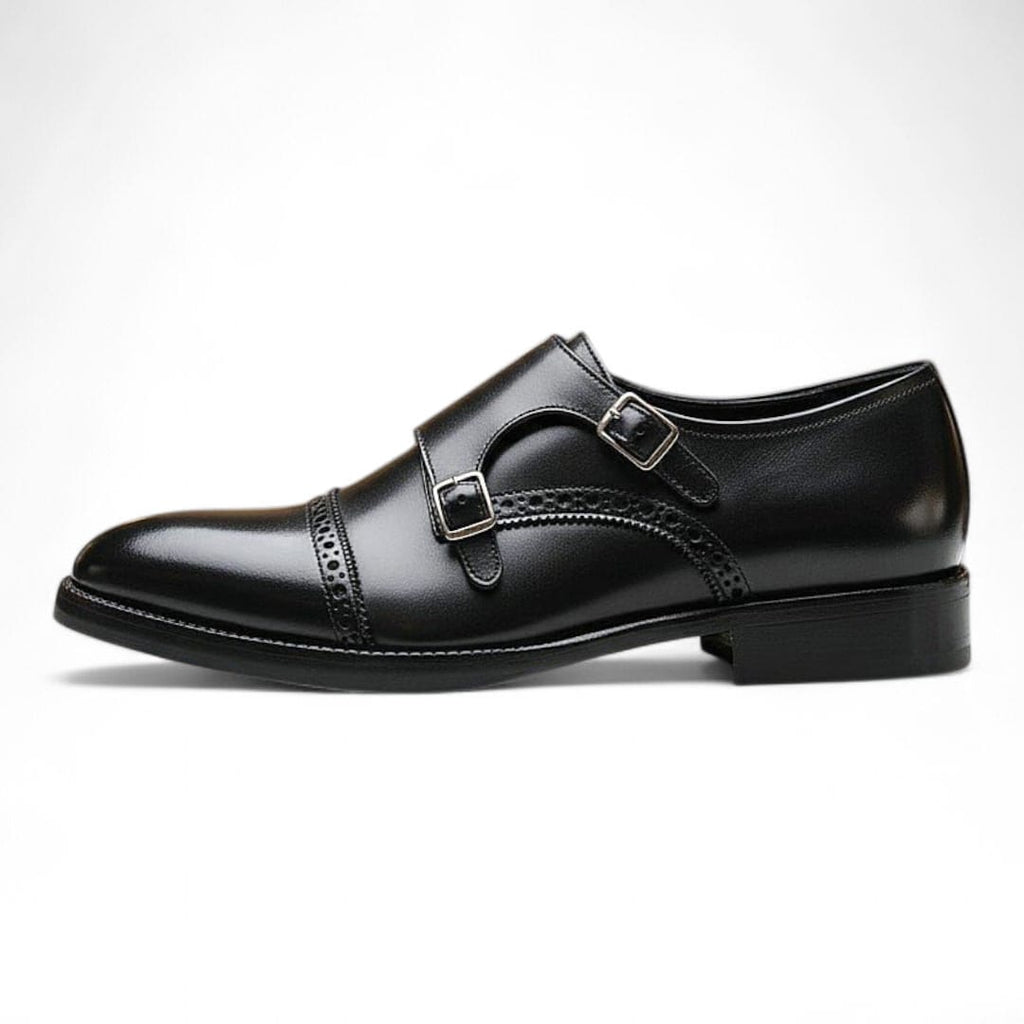 Boston Double Monk Strap Shoes | Black Handmade Leather Elegance