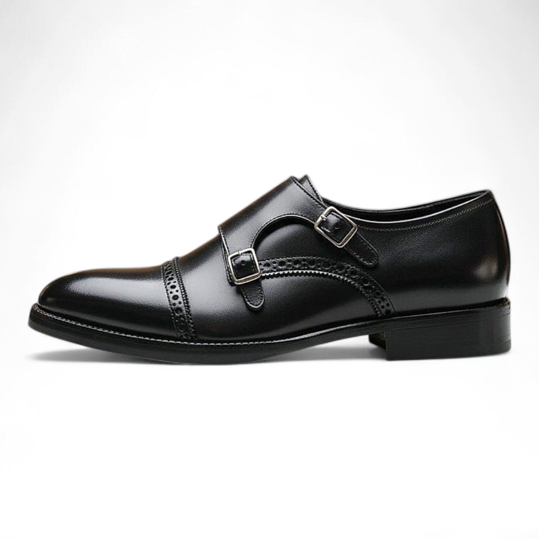 Boston Double Monk Strap Shoes | Black Handmade Leather Elegance