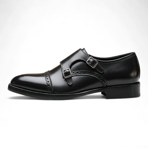 Boston Double Monk Strap Shoes | Black Handmade Leather Elegance