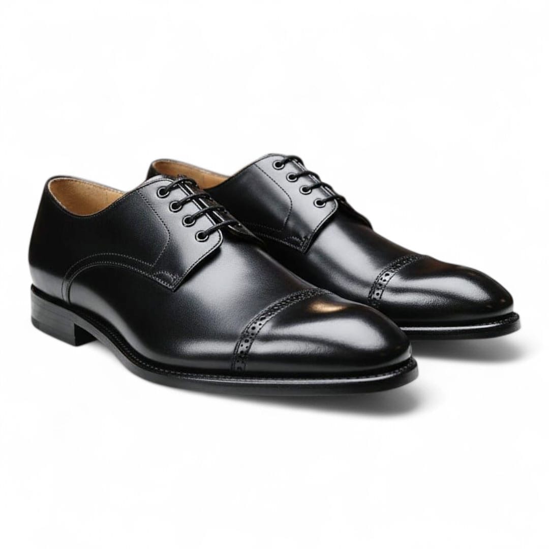 Brogue Black Toe Cap Derby Shoes | Handmade Genuine Leather Sole